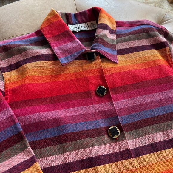 Artisan Boho Stripe Embroidered Folk Colorful Jacket Velvet Trim Cotton Women PM - Picture 6 of 10